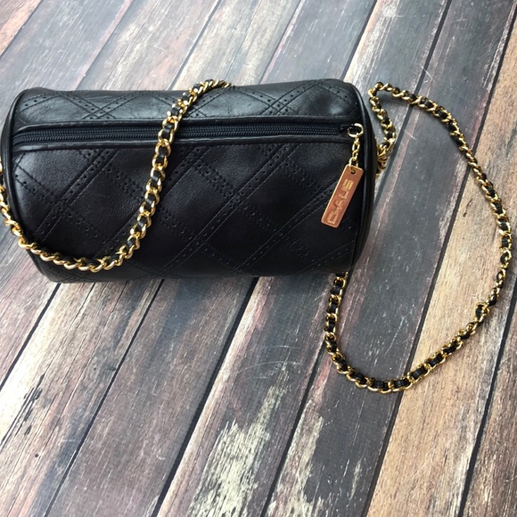 Chaus Handbags - CHAUS BLACK LEATHER BARREL PURSE W/ CHAIN